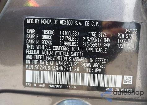 2022 Honda Hr-V Awd Lx из США, поврежденный, VIN 3CZRU6H39NM774128